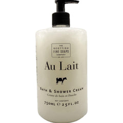 Scottish Fine Soaps Au Lait bath cream bottle with pump, premium packaging.