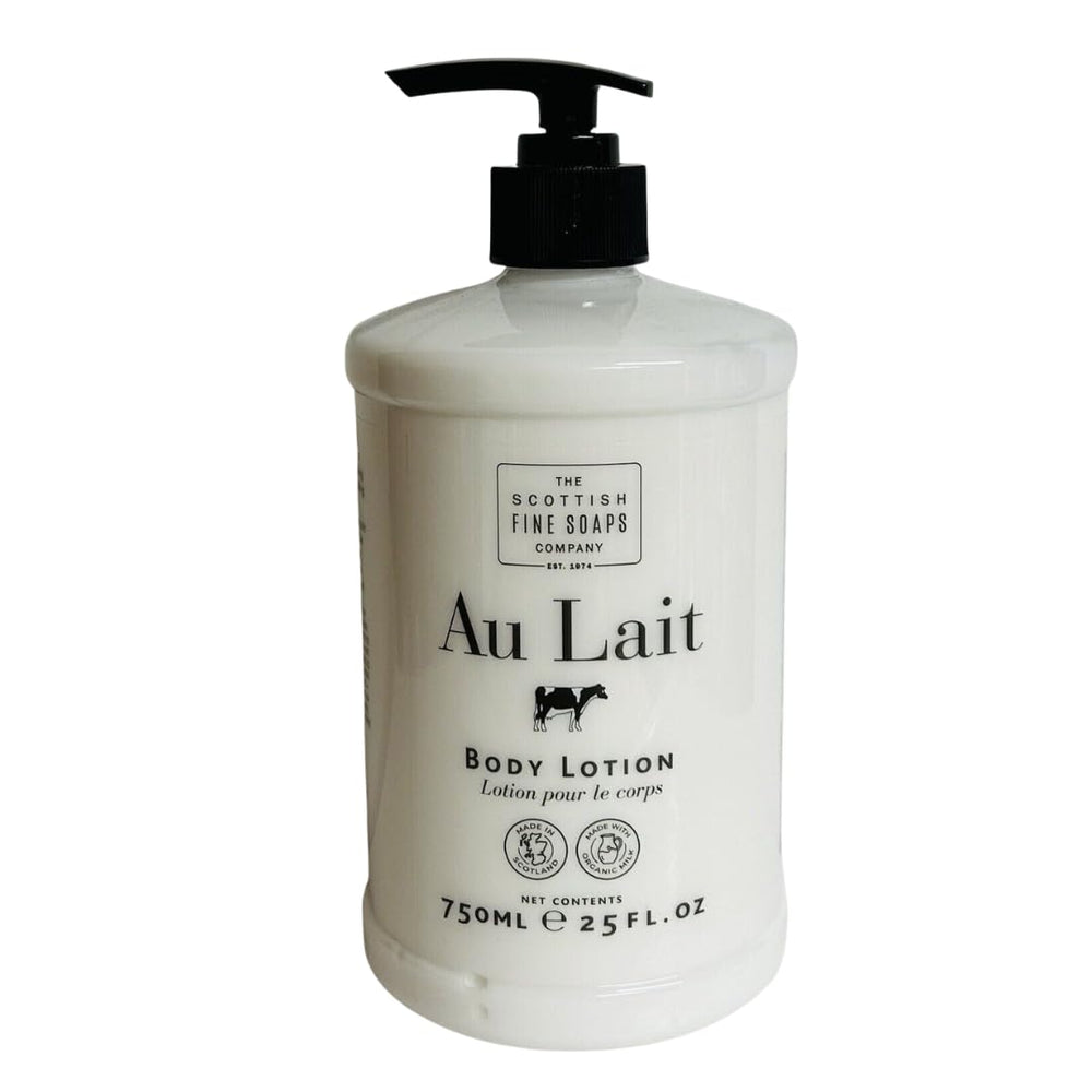 Scottish Fine Soaps Au Lait Body Lotion bottle nourishes all skin types.