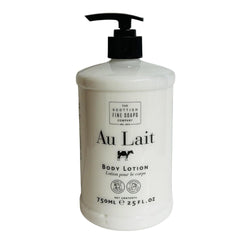 Scottish Fine Soaps Au Lait Body Lotion bottle nourishes all skin types.