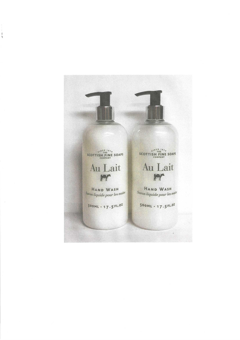 Scottish Fine Soaps Au Lait bottle-front with two 17.5 oz hand washes for daily cleansing.