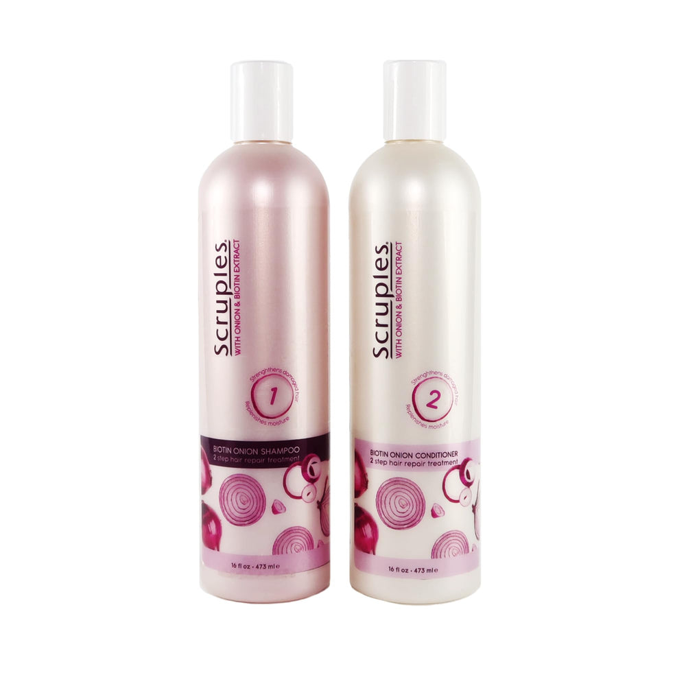 Scruples Biotin Onion Shampoo bottle showcases cleansing and scalp support for fuller-looking hair.