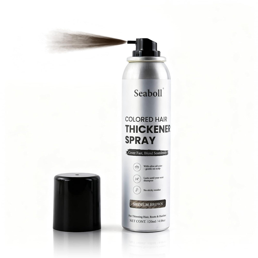 Seaboll root-touch-up spray in natural tones blends gray roots seamlessly.