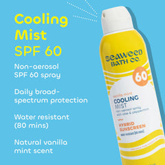 Seaweed Bath Co. Cooling Mist SPF 60 Sport spray-on bottle in action for quick coverage.
