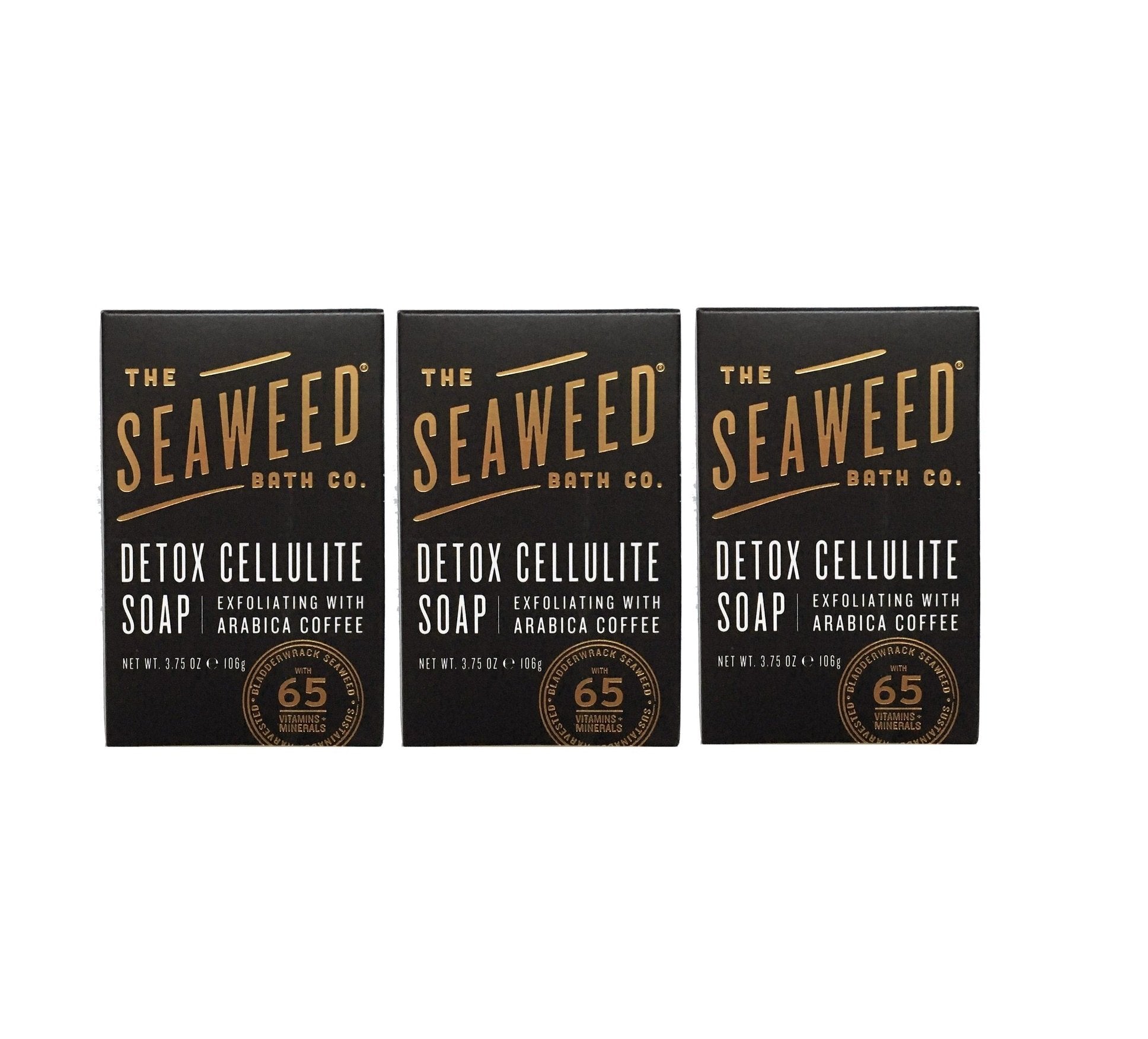 Seaweed Bath Co. Detox Bar Soap pack-3 shown with seaweed and charcoal for smoother skin