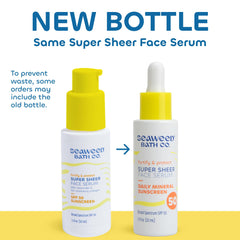 Seaweed Bath Co SPF 50 serum bottle close-up highlights sheer, non-greasy finish for makeup-ready skin.
