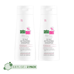 Sebamed Scalp Activating Shampoo bottle close-up, paraben-free formula supports a healthier scalp.