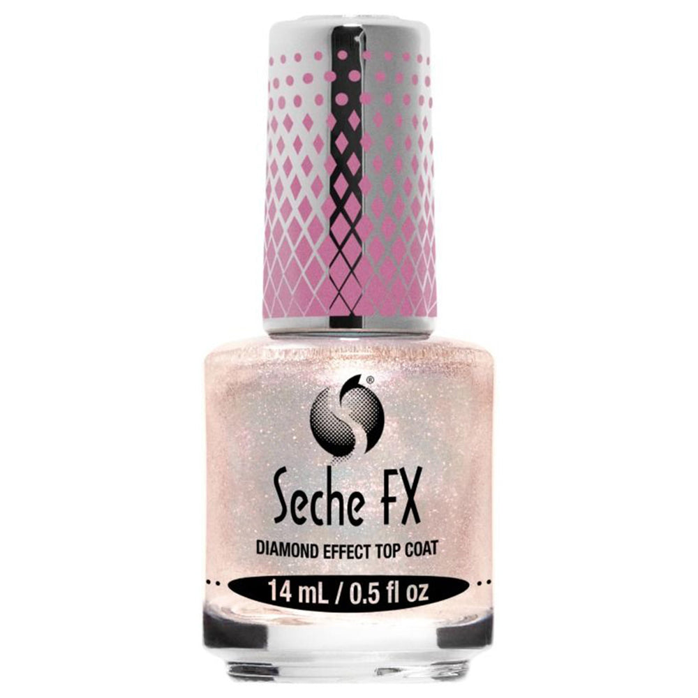 Seche FX Diamond Top Coat pink bottle closeup showing radiant shimmer and long-lasting protection.