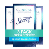 Secret Clinical Strength pack of 3 unscented invisible solid for confident wear.