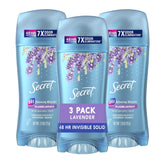 Secret Luxe Lavender invisible solid bottle showing long-lasting fragrance and a dry finish.