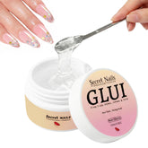 Secret Nails GLUI bottle close-up showing extra-strong hold for daily wear.