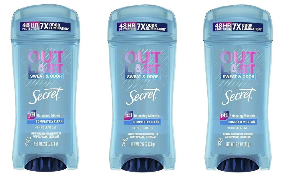 Secret Outlast clear gel 3-pack packaging shows long-lasting odor protection for everyday wear.