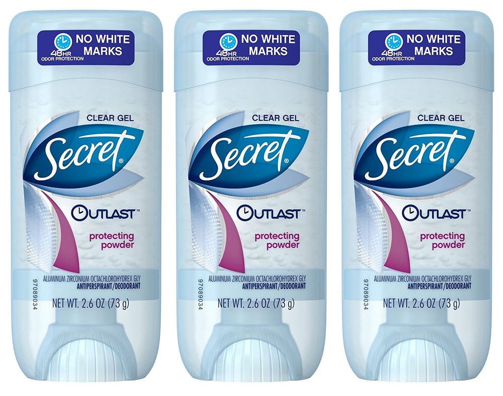 Secret Outlast Xtend Protecting Powder bottle with clear gel deodorant for long-lasting protection.