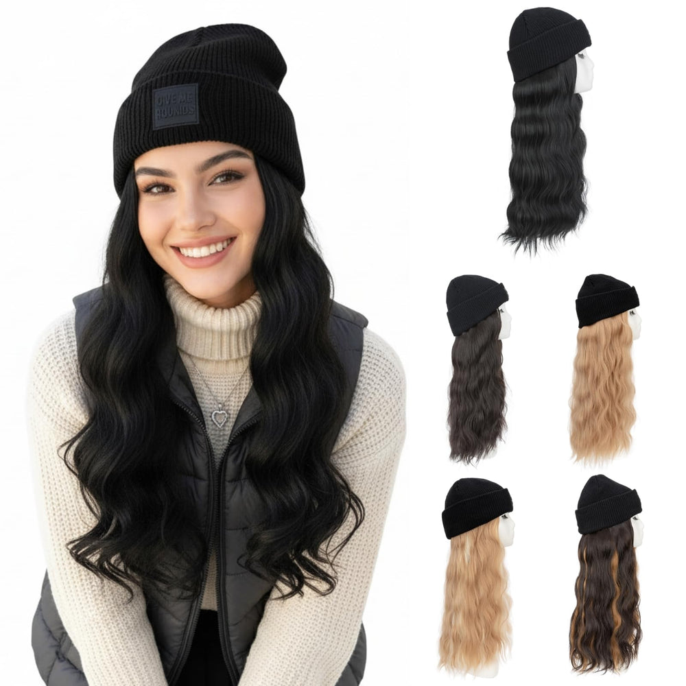 SEGOHAIR beanie wig with 18-inch jet black hair for instant style and warmth.