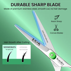 SEIMEIKEN scissors ergonomic offset grip shown for comfortable long sessions.