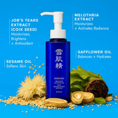 SEKKISEI cleansing oil being massaged onto dry skin for cleansing.