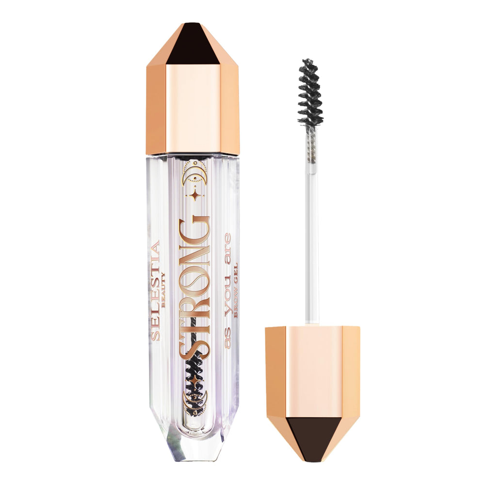 SELESTIA BEAUTY Clear Eyebrow Gel bottle closeup showing strong hold and natural finish
