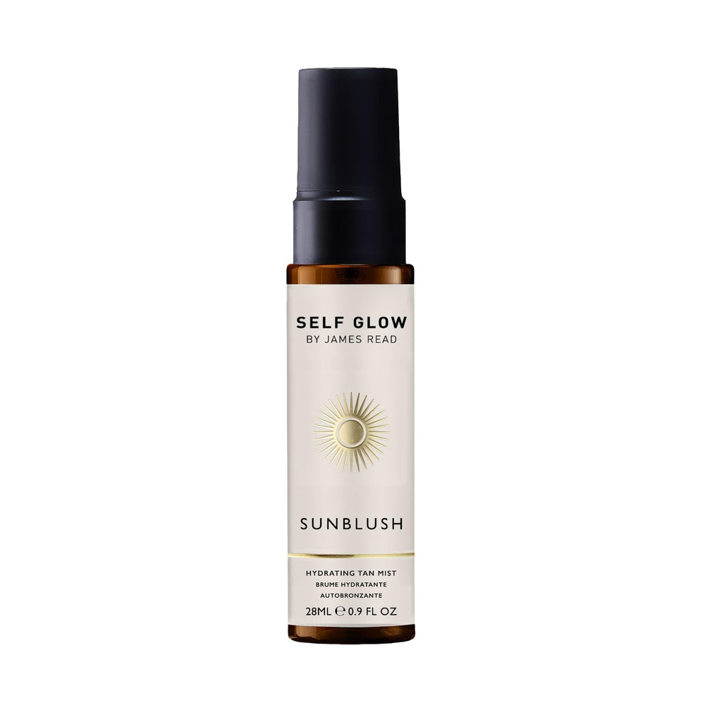 Self Glow by James Read Sunblush Tan Mist bottle with rosewater hydration for radiant skin.