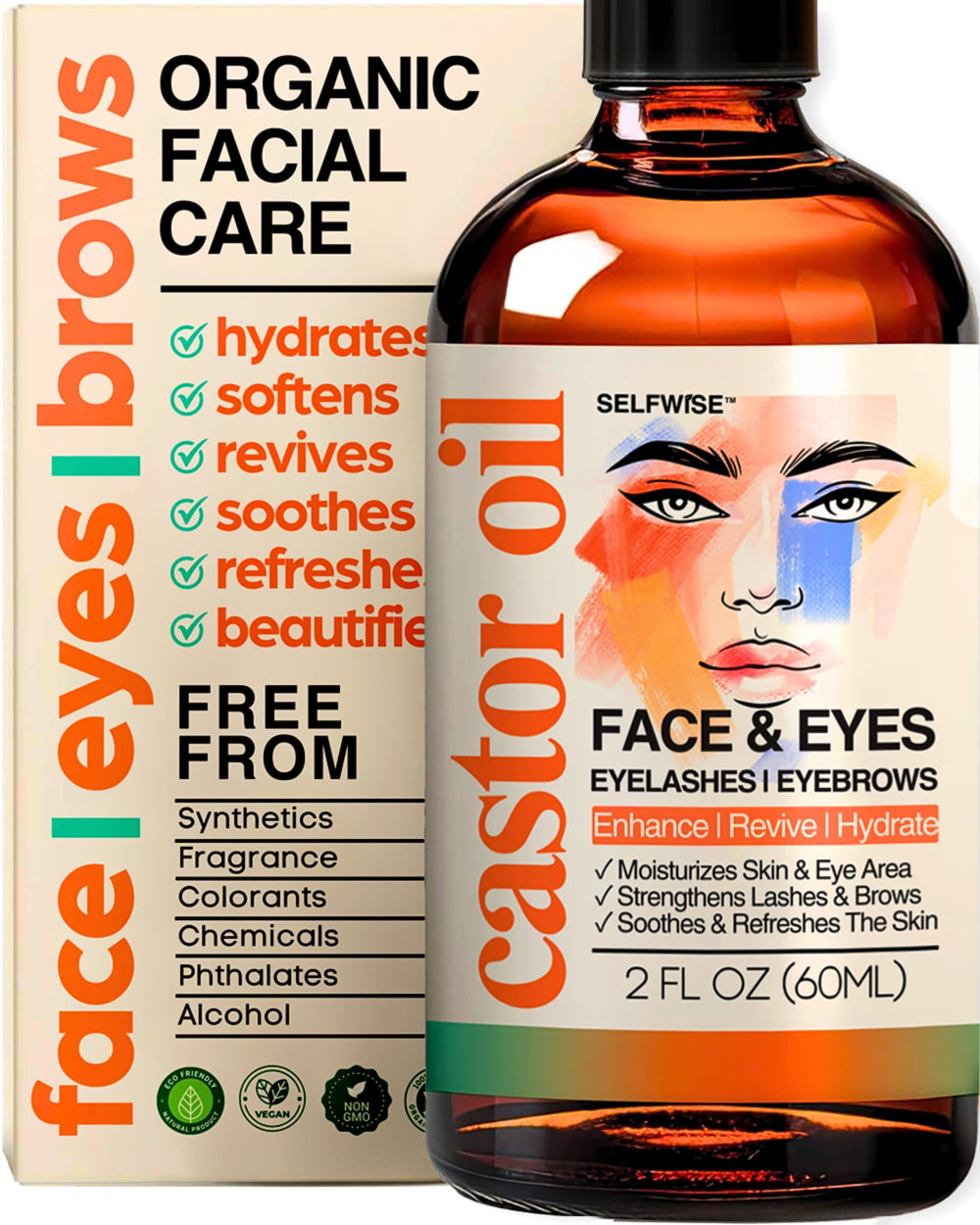 SelfWISE organic castor oil face bottle for deep hydration on sensitive skin.