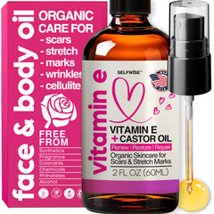 SELFWISE Organic Vitamin E Oil bottle provides deep hydration for skin.
