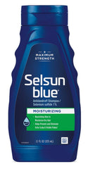 The Selsun Blue Moisturizing Anti-Dandruff Shampoo bottle with aloe supports dry scalp care.