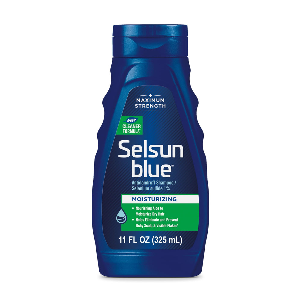 Selsun Blue moisturizing antidandruff shampoo bottle front shows branding and antidandruff purpose.