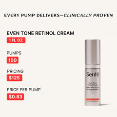 Sente Even Tone Retinol Cream texture close-up shows silky, fast-absorbing formula
