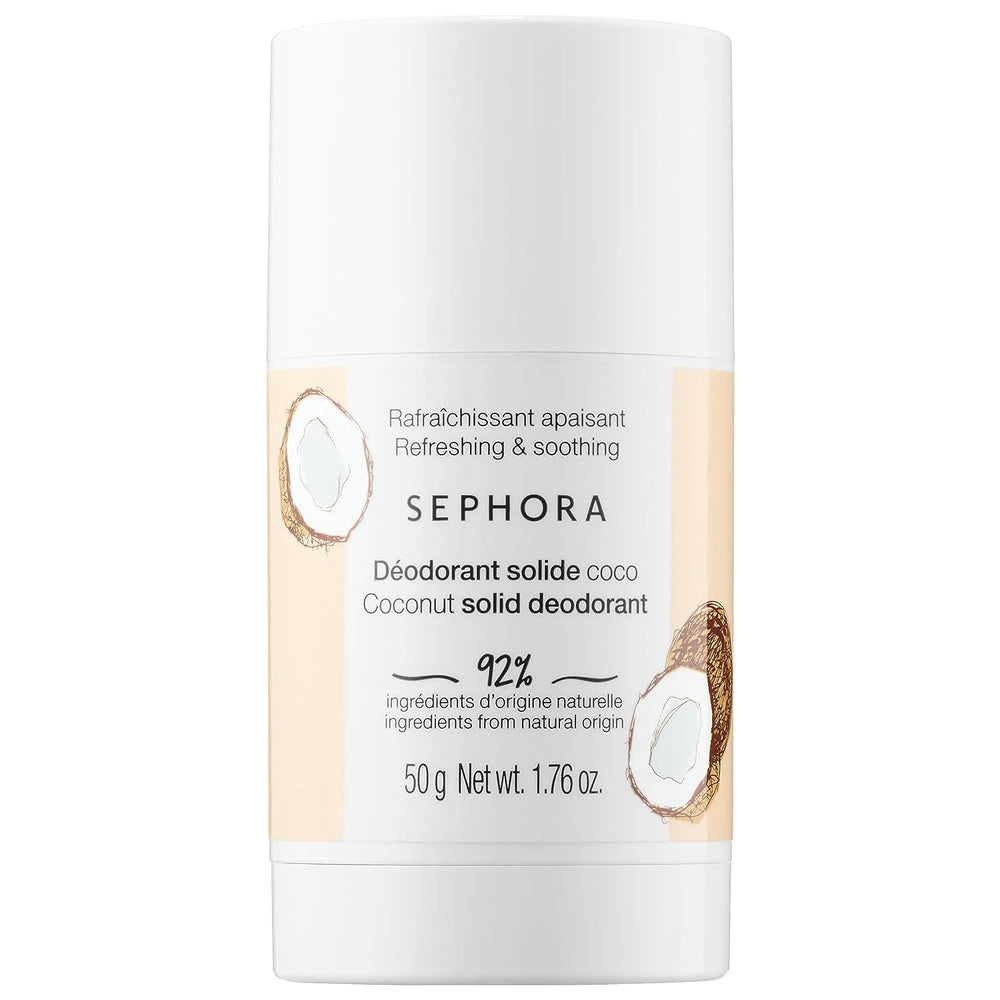 SEPHORA Coconut Solid Deodorant packaging highlighting aluminum-free formula for everyday freshness