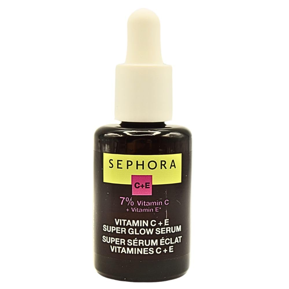 SEPHORA Super Glow Serum bottle highlighting vitamin C and E for radiant skin.