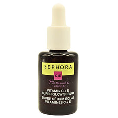 SEPHORA Super Glow Serum bottle highlighting vitamin C and E for radiant skin.