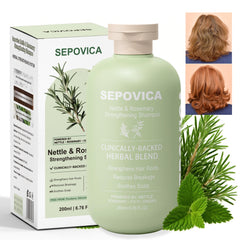 SEPOVICA nettle & rosemary shampoo bottle promoting balanced scalp oil