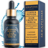 Seraphime Copper Peptide Serum bottle showcasing the hair growth formula for daily use.