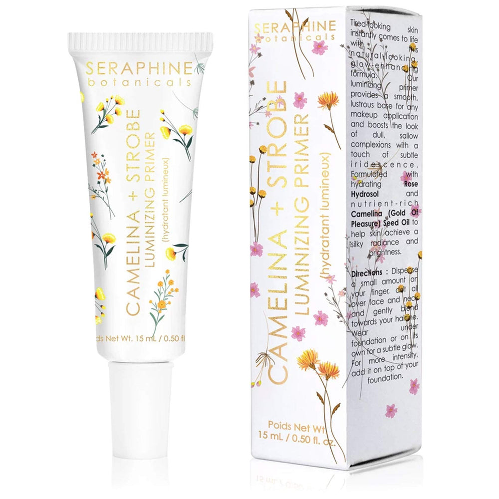 Seraphine Botanicals Camelina + Strobe primer glow bottle boosts radiance.