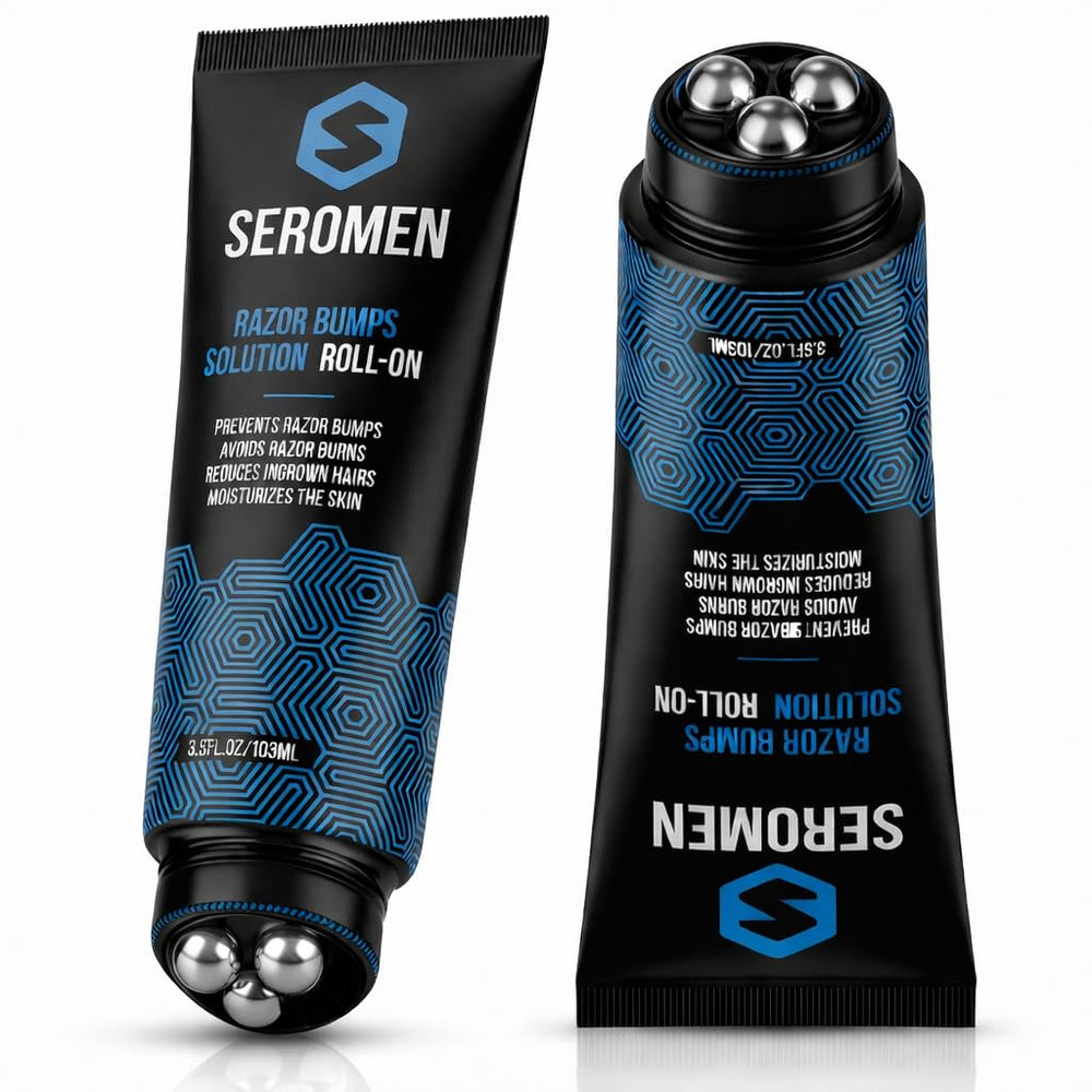 Seromen Razor Bump Treatment bottle with roll-on for precise post-shave care.