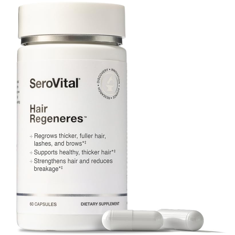 Serovital Hair Regeneres bottle on a vanity promoting fuller-looking hair over time.