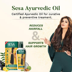 Sesa Ayurvedic Hair Oil applicator in use, showing precise scalp care