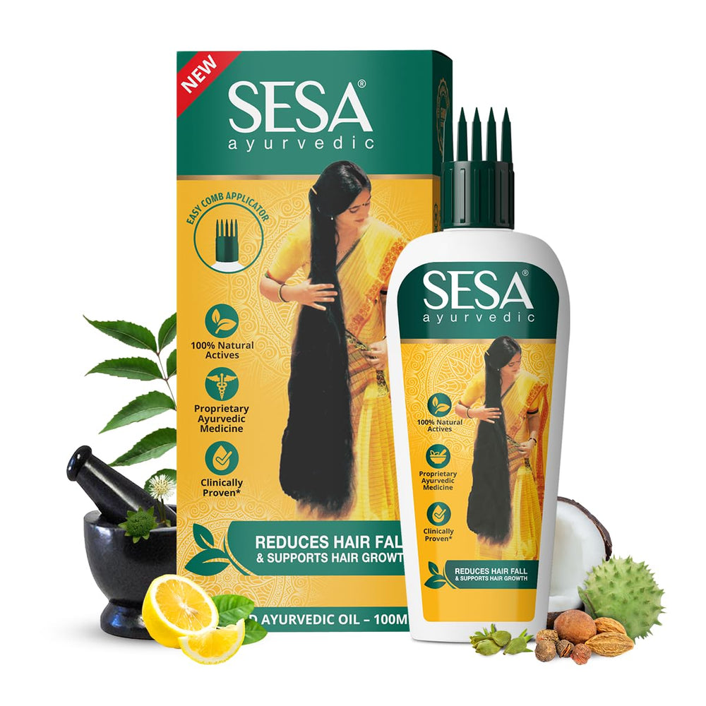 Sesa Ayurvedic Hair Oil bottle closeup for deep scalp nourishment and easy application