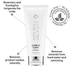 SEVEN Cubica Clarifying Shampoo ingredients closeup with rosemary, eucalyptus, and rose hip oil aroma.