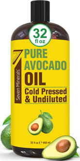 Seven Minerals avocado oil bottle pour for hair hydration.