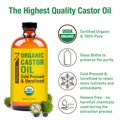 Seven Minerals hexane-free castor oil in glass bottle supports clean beauty routines.