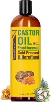 Seven Minerals cold pressed castor oil with frankincense bottle, nourishes hair and skin