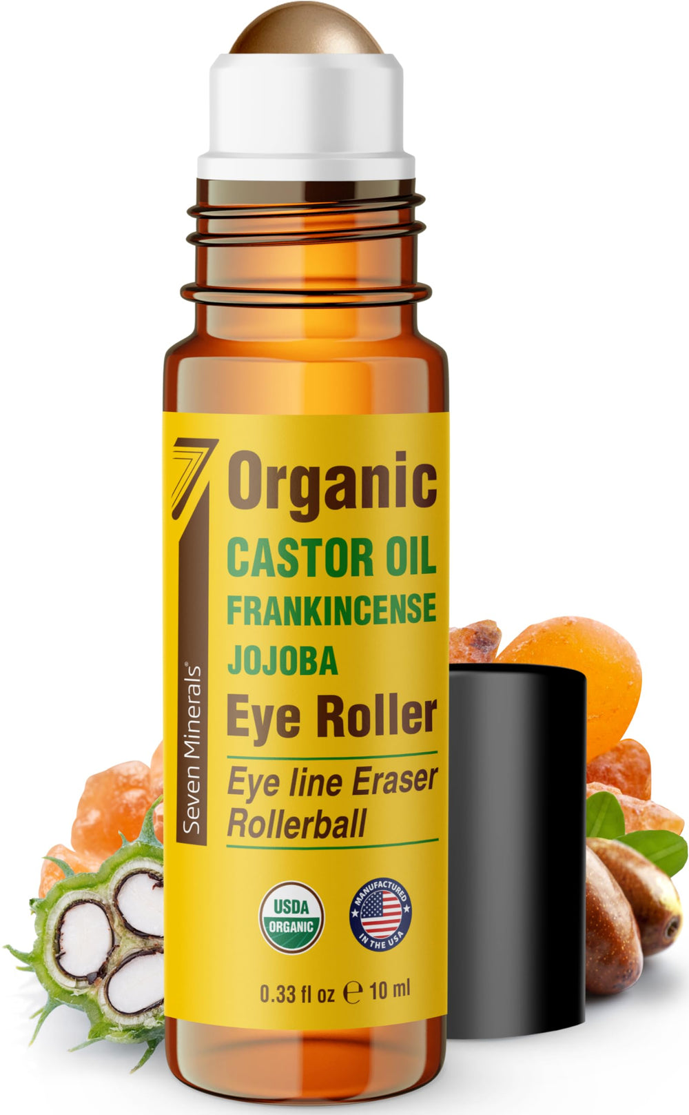 Seven Minerals eye roller with stainless rollerball for brightening tired eyes.