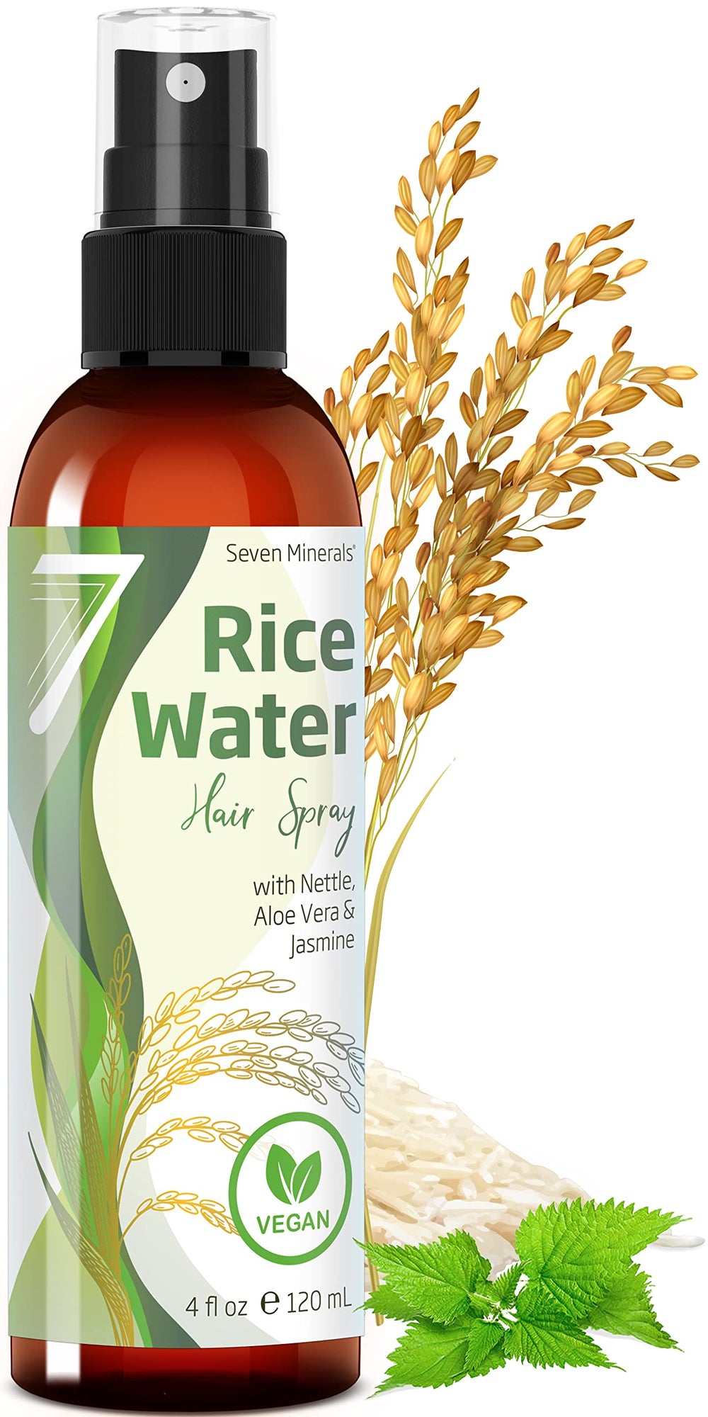 Seven Minerals fermented rice water bottle on shelf for healthier hair growth.