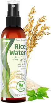 Seven Minerals fermented rice water bottle on shelf for healthier hair growth.