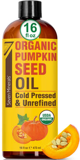 Seven Minerals Pumpkin Seed Oil bottle, pure organic formula for hair and skin.