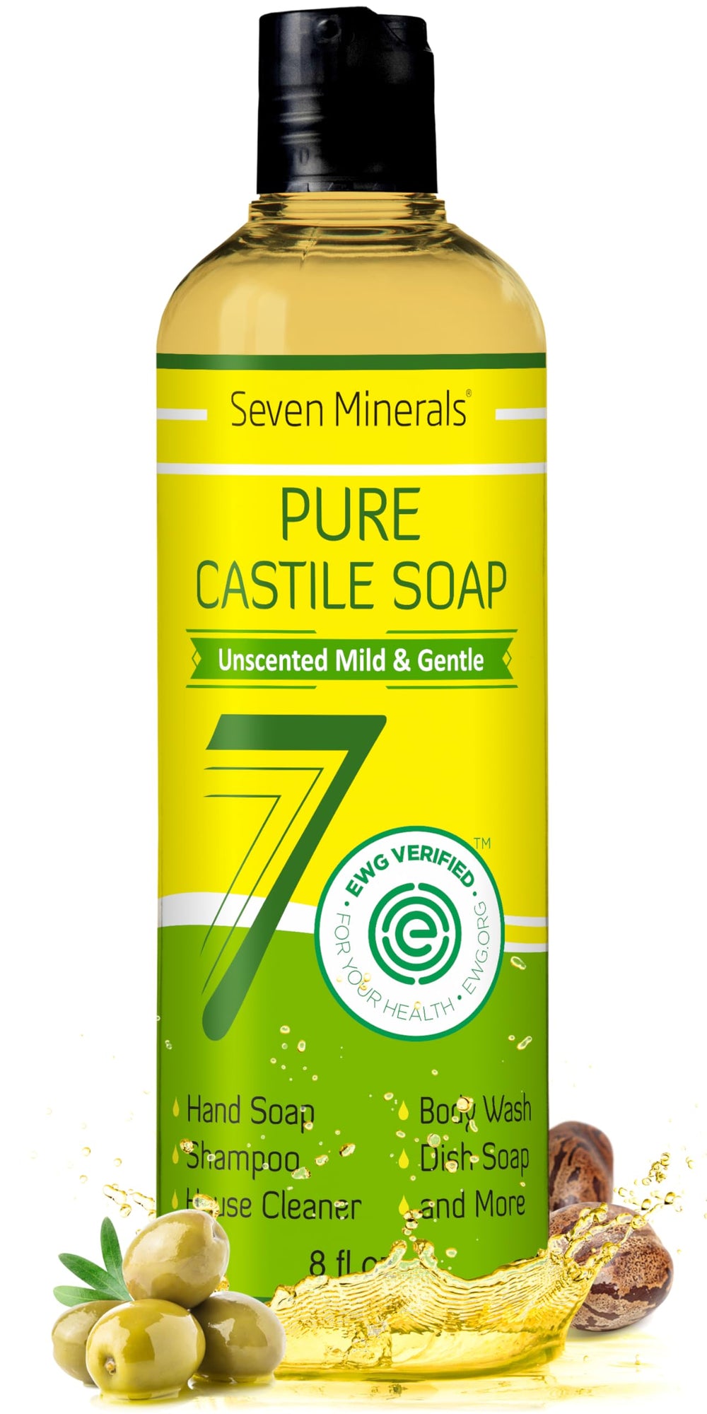 Seven Minerals Pure Castile Soap unscented bottle for gentle cleansing on skin.