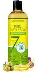 Seven Minerals Pure Castile Soap unscented bottle for gentle cleansing on skin.