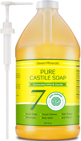Seven Minerals Pure Castile Soap bottle, unscented and gentle for sensitive skin.
