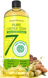 Seven Minerals Pure Castile Soap bottle showcases palm oil-free vegan formula.