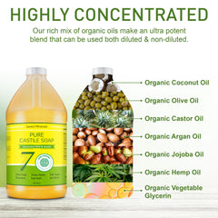 Seven Minerals Pure Castile Soap foamy lather on skin, enriched with organic carrier oils.