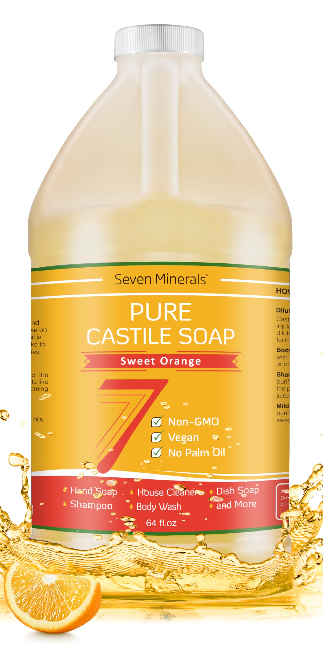 Seven Minerals Pure Castile Soap Sweet Orange bottle ready for gentle skin cleansing.
